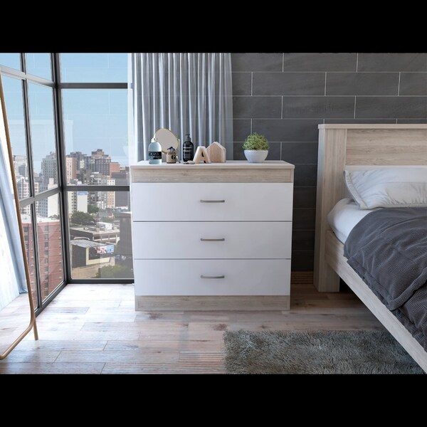 Melia Three Drawer Dresser, Superior Top, Metal Hardware, Light Gray/White